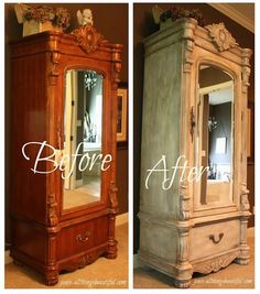 before and after photos of an antique armoire