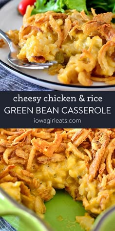 cheesy chicken and rice green bean casserole on a plate with salad