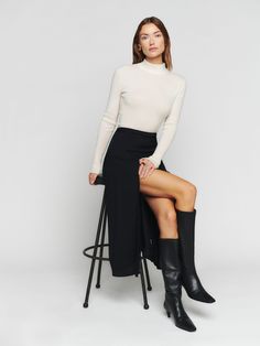 Show a little leg. Shop the Zoe Skirt from Reformation, a classic midi skirt but with a dramatic slit. Skirt Midi, Midi Length Skirts, Black Midi, Crepe Fabric, Skirt Outfits, Autumn Winter Fashion, Fashion Inspo Outfits, Work Outfit, Fashion Inspiration