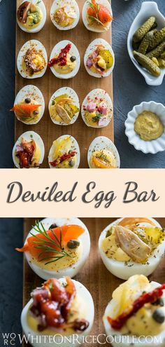 deviled egg bar with different types of appetizers