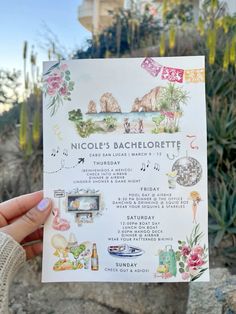 someone is holding up a concert program in front of some cactus and rocks with the words nicole's bachelor written on it