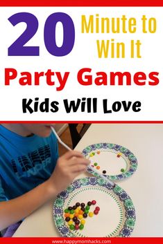 two kids are playing with paper plates that have gummy bears on them and the words 20 minute to win it party games