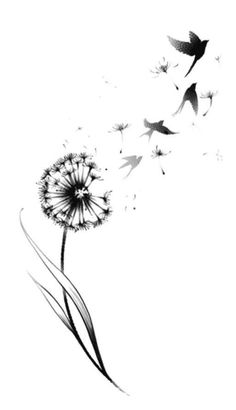 a dandelion blowing in the wind with two birds flying by on white background