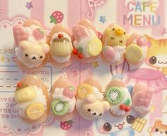 Rilakkuma Nail Art, Bakery Nail Art, Melon Soda Nails, Decoden Nails, Rilakkuma Nails, Dessert Nails, Kawaii Gift Ideas