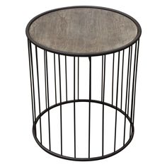 an iron and wood side table with metal bars on the top, against a white background