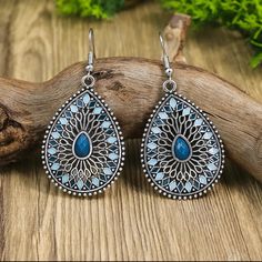 Southwestern Tear Drop Earrings Blue And Silvertone In Color New Pattern Triangle, Boho Blue, Tear Drop Earrings, Southwestern Style, Earrings Blue, Circle Pattern, Tear Drop, Faceted Bead, Paint Designs