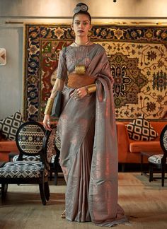 Shop Indian Clothes - HATKAY Engagement Saree, Grey Saree, Fancy Saree, Handloom Weaving, Weaving Designs, Wedding Saree Indian, Saree Trends, Art Silk Sarees, Blouse Work