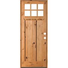 a wooden door with two windows on the top and bottom panel, against a white background