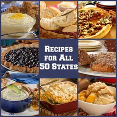 many different types of food are shown in this collage with the words recipes for all 50 states