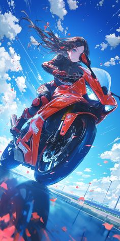 a woman riding on the back of a red motorcycle in front of a blue sky