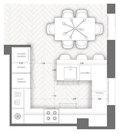 the floor plan for a kitchen with an island and dining area