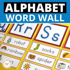 an alphabet word wall with pictures and words on it