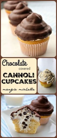 chocolate covered cannoli cupcakes on a plate with the title above it