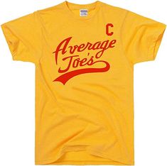 Average Joe's T Shirt All our apparel is hand printed by us using only the highest quality equipment and screen printing products. We use oil-based plastisol ink so the colors stay true and won't wash out. 🔧 DODGEBALL BABY This iconic Dodgeball tee shirt makes the best Average Joes Costume men can buy, with some balls. Why dodge perfect gifts for your boyfriend? This ain't no Adam Sandler tshirt. 🇺🇸 Wear your AMERICAN PRIDE on your sleeve! DirtyRagz are designed & printed in the USA with cutt Yellow Tops With Screen Print For Sports, Yellow Pre-shrunk Tops For Fan Merchandise, Yellow College T-shirt With Letter Print, Yellow Tops With Letter Print For Sports Events, Yellow Letter Print T-shirt For Fan Merchandise, Collegiate Yellow Tops With Letter Print, Average Joes Costume, Dodgeball Costume, Dodgeball Movie