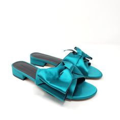 Size: 7m Color: Tropical Green Fancy Footwork. Our Calista Slides Are Pretty-Chic With A Bow On Top. Dark Romantic Vibes Come Across In Satin, Complemented By Just A Hint Of Heel For A Girlish Finish. Satin Upper Synthetic Linin Leather Sole 1" Heel Brand New, Never Worn. No Box. Elegant Round Toe Summer Slippers, Elegant Summer Slippers With Round Toe, Summer Party Slip-on Sandals, Green Closed Toe Flats For Party, Spring Evening Closed Toe Sandals, Green Flat Heel Party Sandals, Chic Summer Slippers With Open Heel, Chic Evening Slip-on Sandals, Chic Closed Toe Summer Slippers