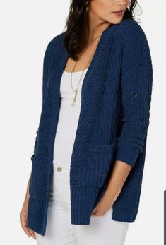 Style & Co Cardigan Women's Large Navy Blue 100% Polyester New with Tags MSRP $69.50 Sweaters Style, Petite Cardigan, Large Cardigan, Chunky Knitting Patterns, Dresses Chiffon, Womens Sweaters, Women Halter, Chenille Sweater, Women Sweaters