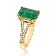 Ross-Simons - 4.00ct Emerald, .28ct t. w. Diamond Ring in 18kt Yellow Gold. Size 7. Enjoy the spirit of rolling hills in golden sunshine. Our beautifully designed ring boasts a verdant 4.00 carat emerald set in 18kt yellow gold and illuminated by .28 ct. t. w. round brilliant-cut diamonds on either side of the split shank. 1/2" wide. Diamond and emerald ring. Emerald birthstones are the perfect gift for May birthdays. Formal Emerald Ring With Pave Setting, Formal Yellow Gold Emerald Ring With Pave Setting, Yellow Gold Emerald-cut Ring With Pave Setting, Yellow Gold Ring With Pave Setting And Emerald Cut, Yellow Gold Emerald Ring With Pave Setting, Elegant Emerald Ring In Yellow Gold With Pave Setting, Elegant Emerald Ring With Pave Setting In Yellow Gold, Dazzling Yellow Gold Emerald Ring For Formal Events, Dazzling Yellow Gold Emerald Ring For Formal Occasions