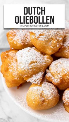 Dutch Oliebollen donuts on white plate with powdered sugar on top. Dutch Desserts, Danish Cuisine, Dutch Cuisine, Fried Donuts, Italian Pastry, Doughnut Recipe, Coffee Cakes, Dutch Recipes