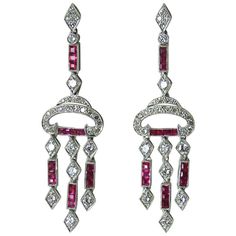 Vintage style 18K white gold diamond and ruby drop earrings, set with 32 square cut rubys weighing about 1.20cts, and 18 round full cut diamonds weighing about .75cts and 44 single cut diamonds weighing about .50cts. Jewelry Advice, Art Deco Necklace, Jewelry Picture, Jewelry Fashion Trends, Gold Diamond Earrings, Jewelry Images, Diamond Gold, Ruby Diamond, Affordable Jewelry