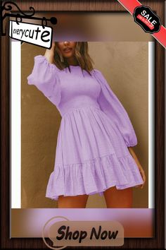 Light Purple Ruffle Detail Smocked Long Sleeve Dress Spring Puff Sleeve Mini Dress With Smocked Cuffs, Spring Mini Dress With Puff Sleeves And Smocked Cuffs, Solid Smocked Long Sleeve Dress, Long Sleeve Smocked Dress With Smocked Cuffs, Casual Dresses With Smocked Bodice And Lantern Sleeves, Solid Long Sleeve Smocked Dress, Long Sleeve Solid Color Smocked Dress, Solid Color Long Sleeve Smocked Dress With Smocked Cuffs, Fall Smocked Mini Dress With Ruffle Hem