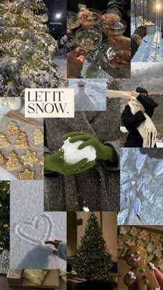 a collage of photos showing different types of christmas trees and decorations, with the words let it snow written on them