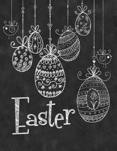 an easter chalkboard with ornaments hanging from it's sides and the word, easter written