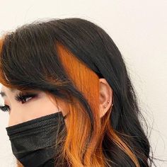 Peekaboo Auburn Hair, Unique Hair Color Combinations, Orange Hair Black Tips, Orange Highlights In Black Hair, Peekaboo Hair With Bangs, Orange Peekaboo Hair, Black Orange Hair, Brown And Orange Hair, Orange Peekaboo