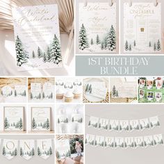 a collage of photos with the words 1st birthday bundle and evergreen trees on it