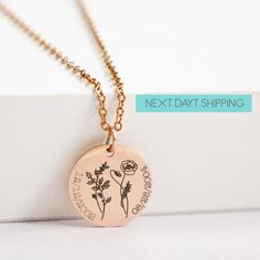 SHIPS NEXT DAY AND FREE BACK ENGRAVINGBIRTH FLOWER NECKLACE: Flowers that will last forever. Disc Size: 16mm diameter.Chain lenght: 16'', 18'', 20''Our pieces are high polished gold plated over stainless steel. This won't tarnishWANT TO ADD BIRTH STONE? SHOP WITH THIS LINK AND LEAVE A NOTE.https://www.etsy.com/listing/940740657/birth-stone-charm-birthstone-pendant-add?ref=shop_home_active_4&pro=1&frs=1For back engraving, select the option and just add it on the personalization box. Pleas Adjustable Flower Necklaces For Mother's Day, Adjustable Birth Flower Necklace For Birthday, Birth Flower Necklace For Birthday And Mother's Day, Mother's Day Flower Necklace Gift For Mom, Adjustable Birth Flower Necklace As Gift, Adjustable Flower Charm Necklace As Gift For Mom, Mother's Day Birthday Gift Flower Necklace With Charm, Adjustable Flower Charm Necklace For Mom, Adjustable Flower Pendant Necklace For Mother's Day