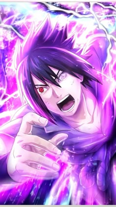 an anime character with purple hair and red eyes