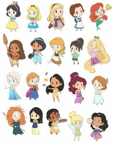 many different princesses are grouped together in this cartoon character drawing, character illustration, character design, disney characters, person, walt and friends, cute pictures to draw, the littles toys, art, toy story books, my life