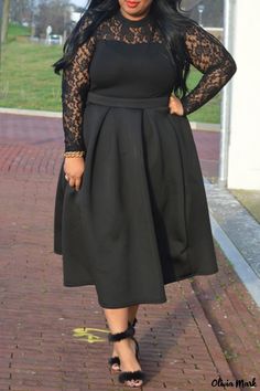 Olivia Mark - Chic Plus Size Dress with Lace Patchwork and See-through Detailing, featuring O Neckline and Long Sleeves Black Lace Dress Long, Lace Patchwork, Lace Dress Long, Plus Size Models, Black Lace Dress, Daily Dress, Mid Length Dresses, Dress With Lace, Plus Size Dress