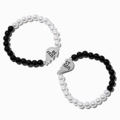 Claire's Best Friends Black Pearl Split Heart Beaded Bracelet Set - 2 Pack Casual Black Friendship Bracelets For Valentine's Day, Casual Black Beaded Bracelets For Valentine's Day, Trendy Black Heart-shaped Beaded Bracelets, Trendy Black Heart Beaded Bracelets, Valentine's Day Black Beaded Bracelet For Best Friend, Trendy Beaded Heart Bracelet For Friendship, Black Heart Bracelet With Heart Charm, Black Heart-shaped Jewelry With Letter Beads, Black Heart Bead Bracelet For Friendship