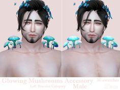 two images of a man with blue mushrooms on his head and in front of him