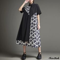 Olivia Mark - Maxivestido estampado patchwork de manga corta holgado Basic Skirt, Mid Length Skirts, Printed Maxi, Printed Maxi Dress, Skirt Length, Types Of Collars, Workout Shorts, Types Of Sleeves, Loose Fitting