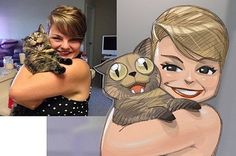 a woman holding a cat in her arms and an image of a cartoon character on the wall