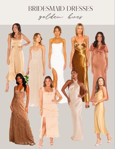 the bridesmaid dresses are all different colors and styles, but one is gold