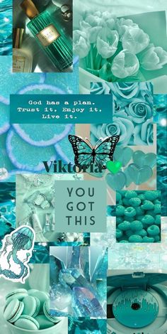 a collage of blue and green images with words on them that say, you got this