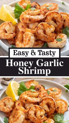 grilled honey garlic shrimp on a white plate with lemon wedges and parsley