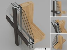 four different views of a window with glass and wood trims, including the top section