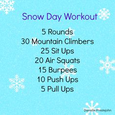 the snow day workout is shown in purple and blue with white snowflakes on it