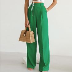 F00114524-103 Work Pants Women, Office Pants, High Waist Wide Leg Pants, Pockets Fashion, Green Trousers, Wide Leg Dress Pants, Long Trousers, Green Pants, Pantalon Large