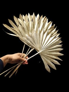 a person is holding a large metal fan with long sticks in their hand, against a black background