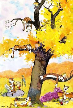 a painting of cats hanging from the branches of a tree with yellow leaves on it