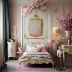 a bedroom decorated in pink and gold with flowers on the wall above the bed, along with an ornate chandelier