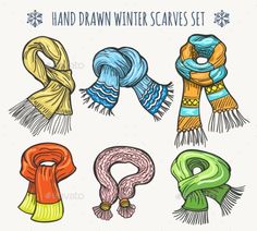 hand drawn winter scarves set