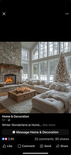 a living room filled with furniture and a fire place in front of a christmas tree