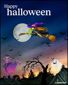 a halloween poster with two witches flying in the sky