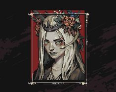 an image of a woman with long hair and flowers on her head, in the style of pixel art