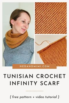 a woman wearing an orange knitted scarf with text that reads, how to crochet